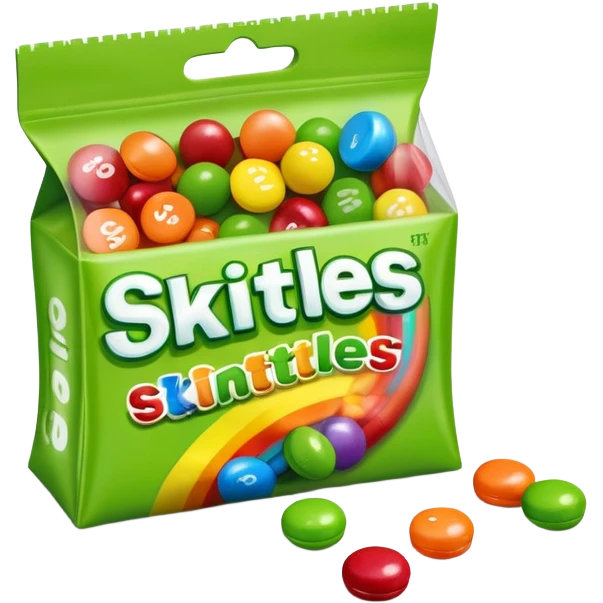A very colorful Skittles candy package in bright rainbow colors, partially open with only green Skittles visible inside and a few green candies next to it. emoji