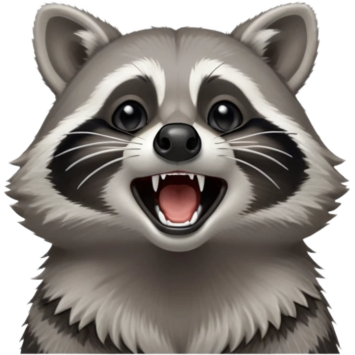 Cinematic-cute realistic- Yawning Raccoon-Portrait-Emoji – Poised and confident, wide-open yawn, revealing a soft grey with a sturdy build and a beautifully textured fur of silver-grey accented by dark black facial markings, deep-set, big black eyes, simplified yet sharp and sophisticated zoom out to show shoulders emoji