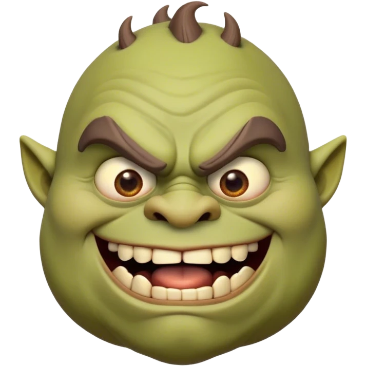 Cinematic Comical Ogre Portrait Emoji, with a strikingly exaggerated, bulky figure in vivid earthy greens and browns, head tilted in a dramatically surprised expression with wide, comically bulging eyes and a goofy, oversized grin, simplified yet hilariously exaggerated, highly detailed with a soft, cartoonish glowing outline capturing the playful absurdity of a meme-worthy ogre! emoji