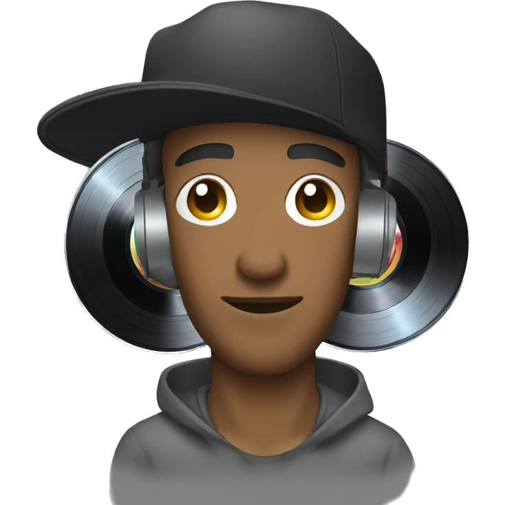 Man wearing cap with vinyl records emoji