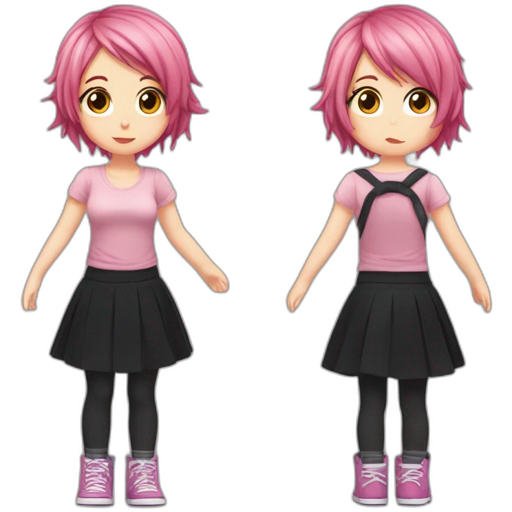 Full body Front view curvy emo girl pink hair sits on the floor straight view hands up black skirt полосатые рваные чулки emoji