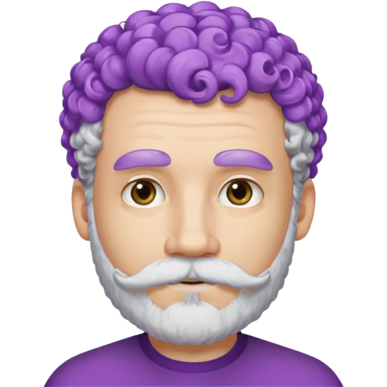 very white bearded and white mustached, violet short curly haired, wearing ear accessories emoji