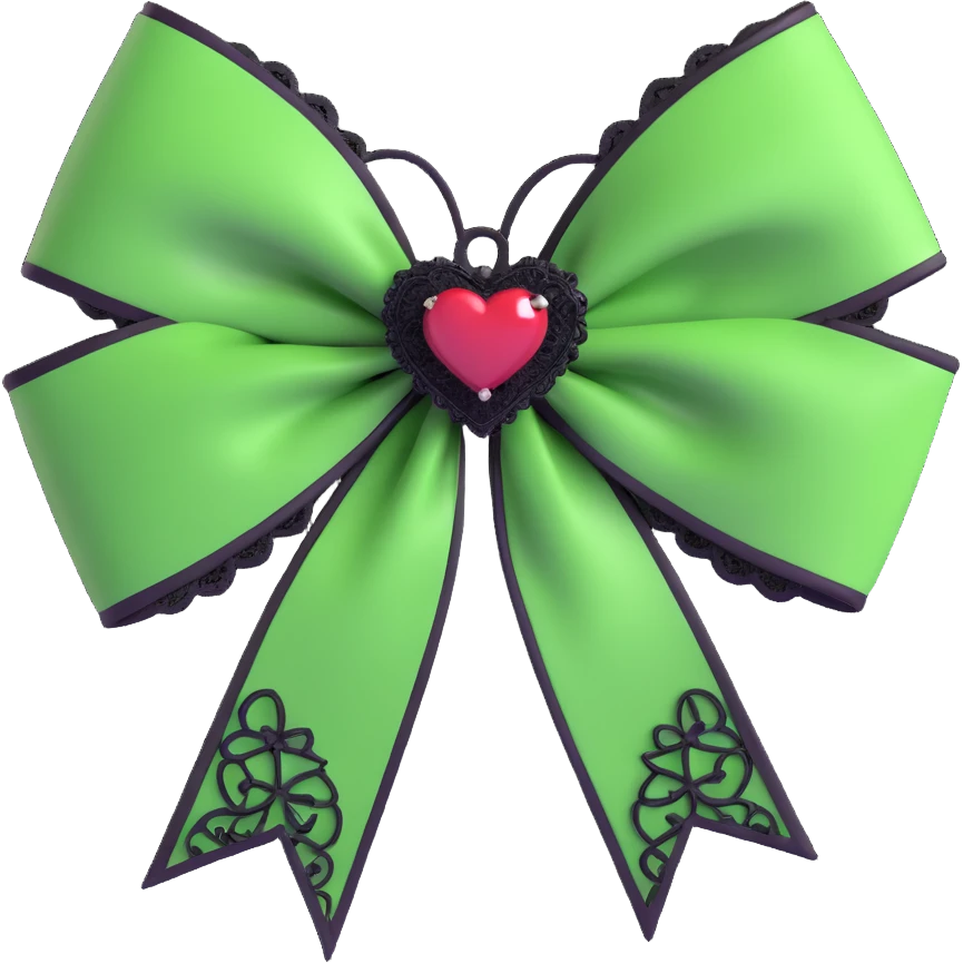 green gothic bow with black lace trim and heart charm, remove background emoji