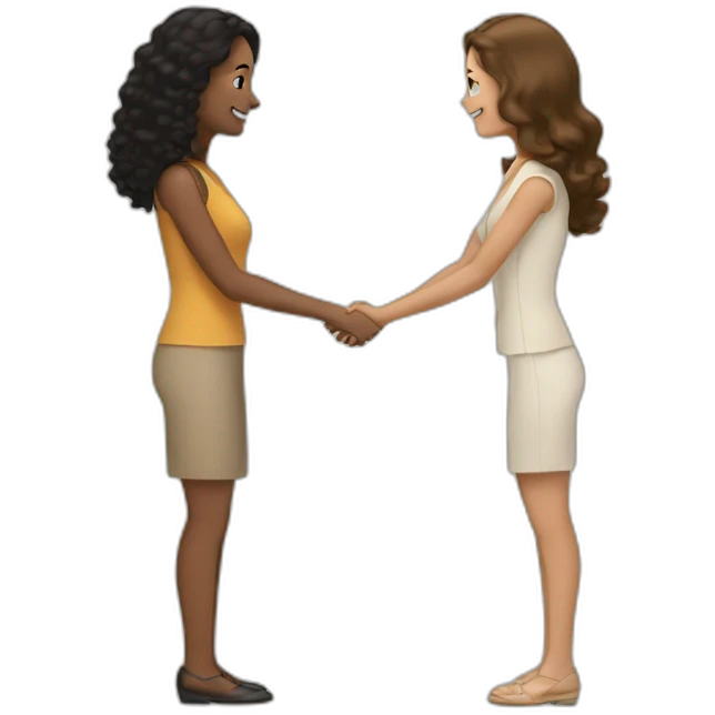 tan woman with black curly hair shakes hands with a woman who has straight light brown hair emoji