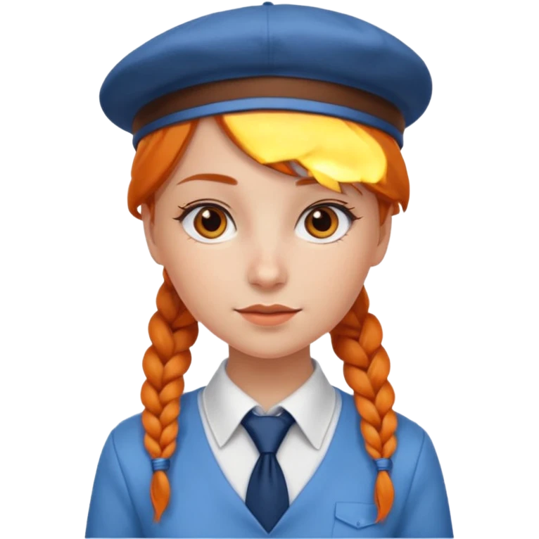 orange braided hair girl, wearing white shir, a brown berret Hat, Blue Necktie emoji
