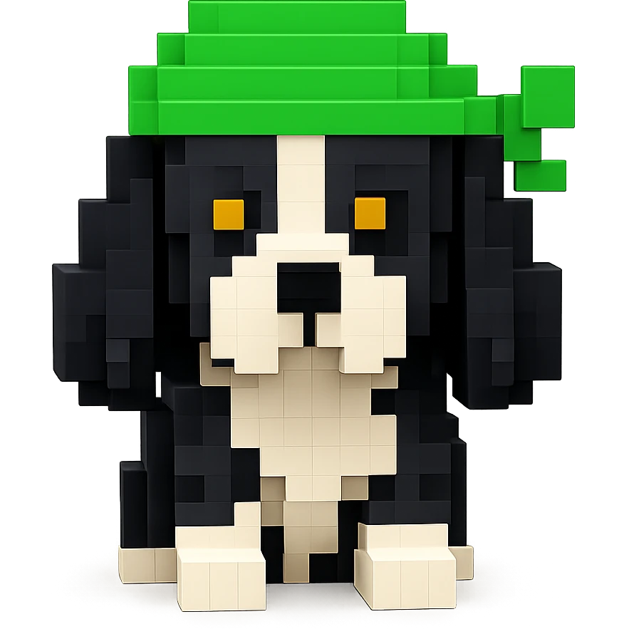 A black and white Russian Cocker Spaniel puppy wearing a green durag, facing forward emoji