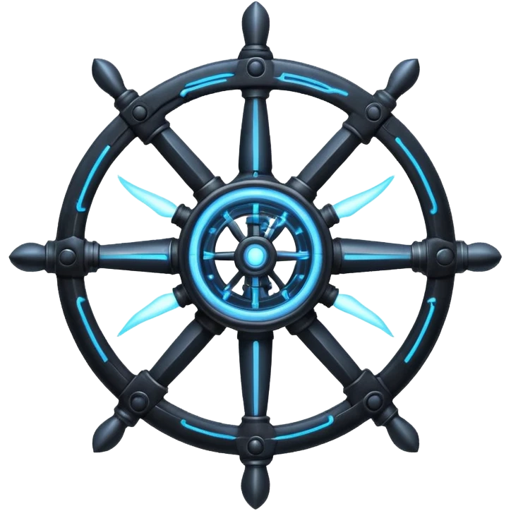 A Discord emoji of a black iron mechanical propeller or anchor with glowing blue energy lines. Steampunk-gothic fusion, high visibility, white background. emoji