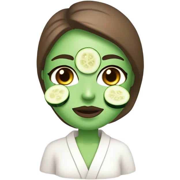 White girl with Brown hair and blue eyes wears a Green colored clay mask and puts on cucumbers around her eyes while She relaxes in her white Robe emoji