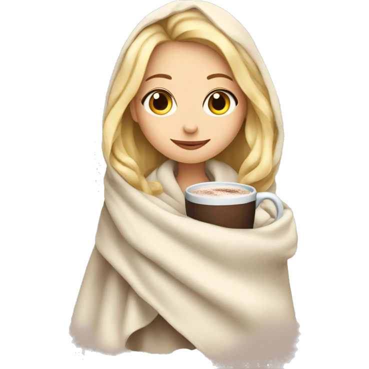 pretty blonde girl wrapped in big blanket drinking hot chocolate  emoji