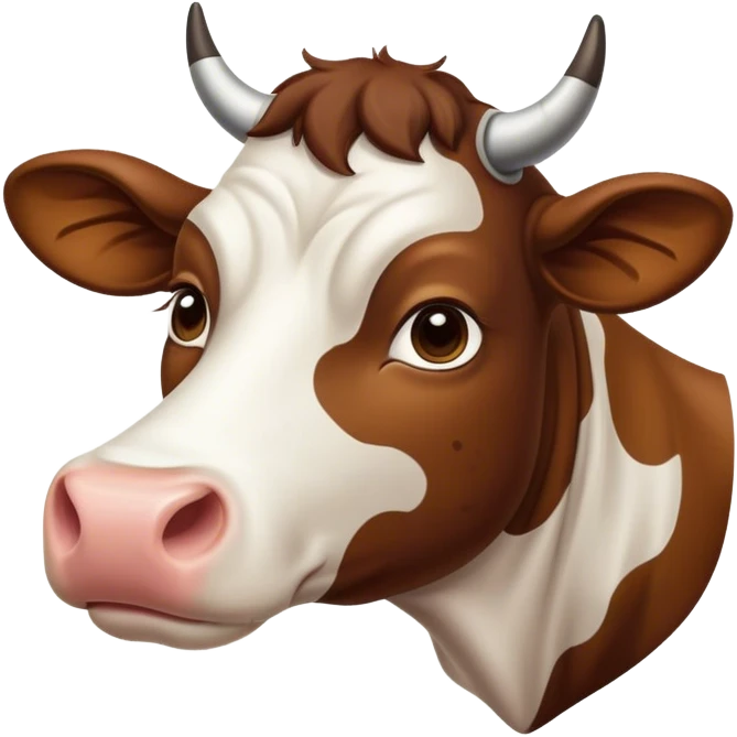 Cinematic Noble Brown and White Cow Portrait Emoji, Poised and regal, with a large, sturdy build and a beautifully patterned hide of rich brown accented by crisp white patches, deep-set soulful brown eyes, Simplified yet sharp and sophisticated features, highly detailed, glowing with a soft, dignified glow, high shine, intelligent and calm, stylized with an air of pastoral majesty, focused and attentive, soft glowing outline, capturing the essence of a watchful and confident bovine guardian, so majestic it feels as though it could amble out of the screen with effortless authority! emoji