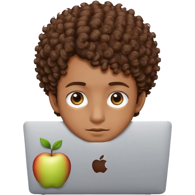 male with brown eyes and very short brown curly hair with a fade, peeking over an Apple laptop emoji