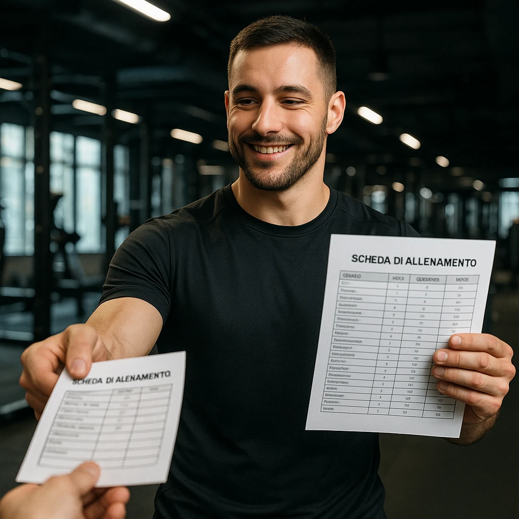 Uomo in palestra che cambia la scheda di allenamento, abbigliamento sportivo, tiene in mano una nuova scheda con scritte in italiano, mentre consegna la vecchia, atmosfera da palestra moderna, dettagli iperrealistici 4K, espressione soddisfatta. emoji