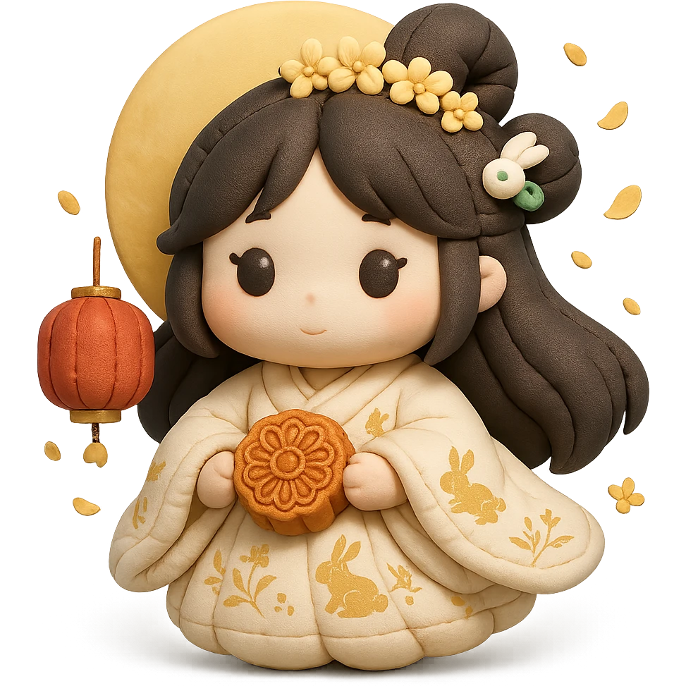 cute chibi girl in moon-white hanfu with gold moon rabbit patterns, osmanthus flower crown, jade rabbit hairpin, holding round lotus mooncake, floating red palace lanterns and osmanthus petals, pale gold full moon behind, cushion style, full body, transparent background emoji