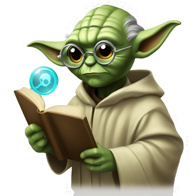 Master Yoda with a Detektiv magnifying glass and a book  emoji