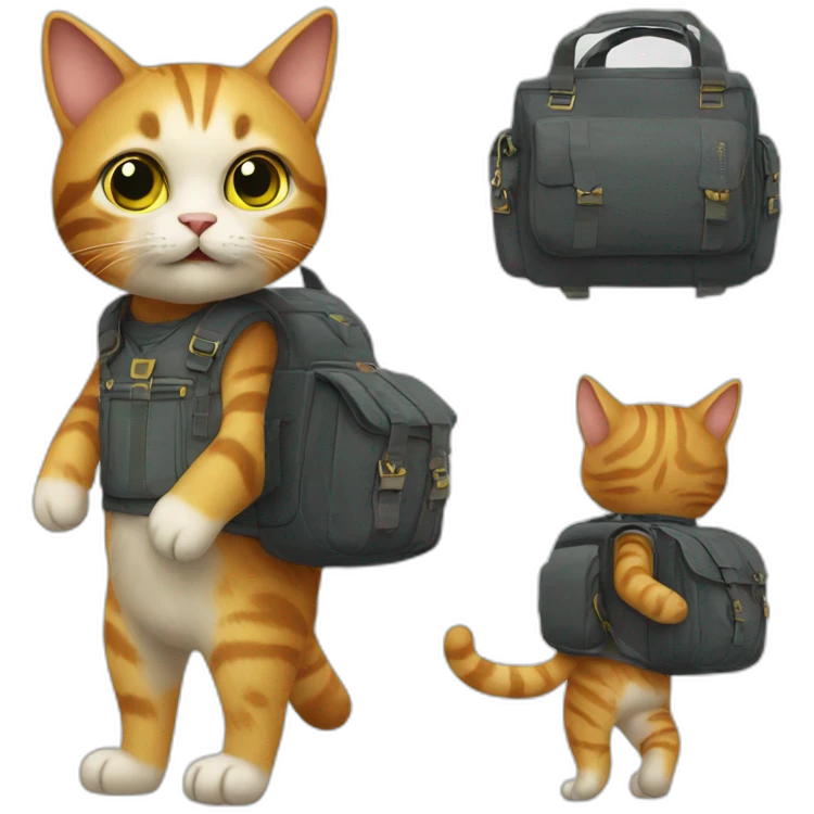 Small Cat wearing a side bag and standing on 2 legs like human emoji