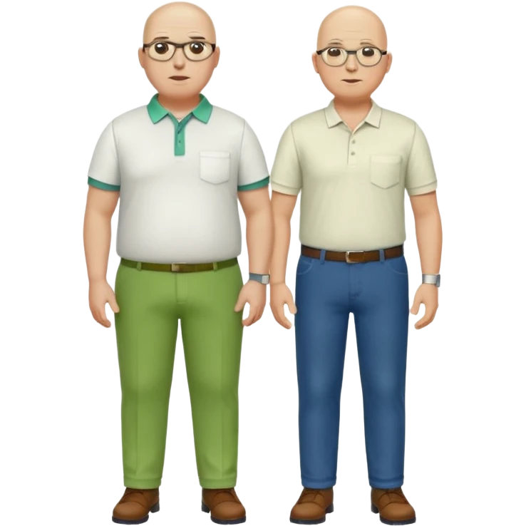 two guys, the first guy is white bald have glases a white dressshirt with rolled up sleeves and green pants he is over weight, The second guy has a yellow skin white golf shirt blue jeans and bald they should stand next to eachother emoji