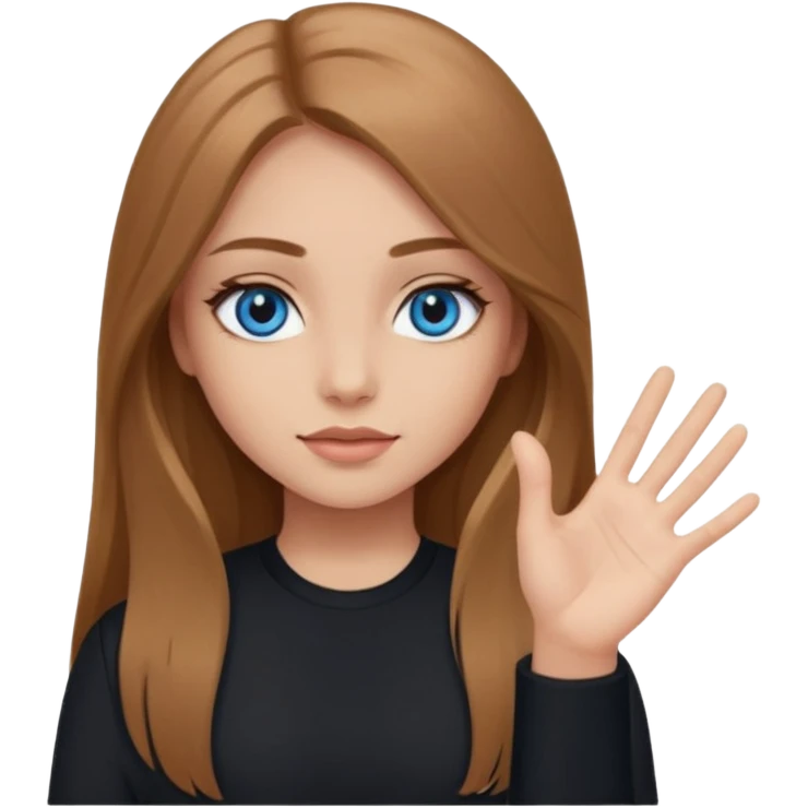 A girl with makeup, long light brown hair, blue eyes, with her palm up. with black clothes emoji