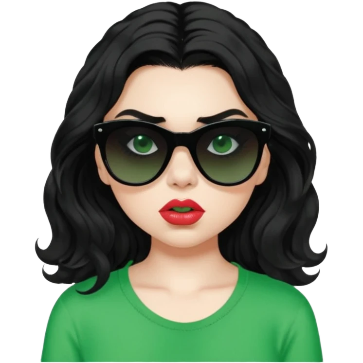 current charli xcx with her long black wavy hair, thick black out sunglasses, pale skin, closed pouting lips, and a bright green top that said brat in the brat font. emoji