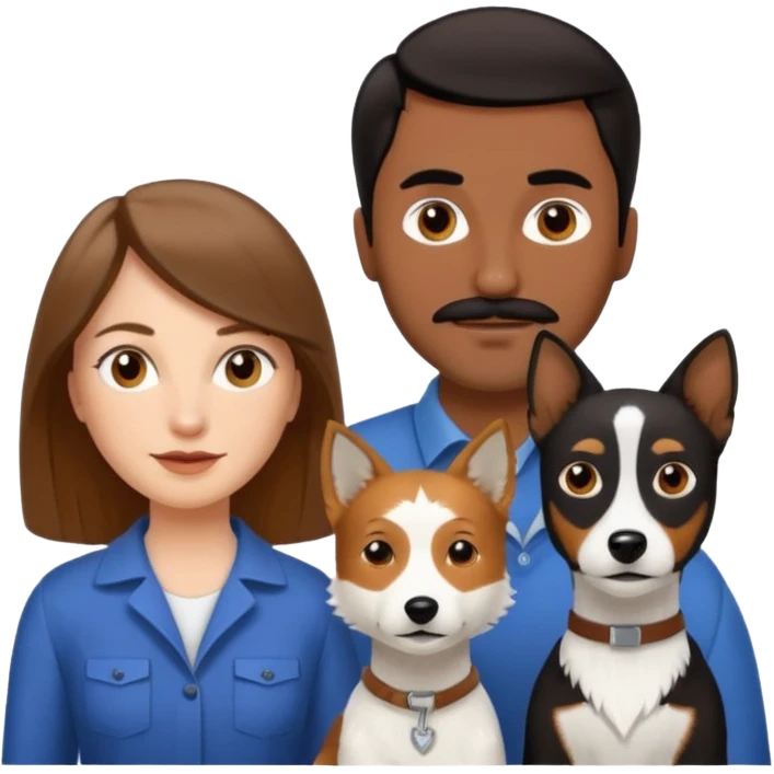 Quiero a una mujer blanca  con el pelo por el hombro lacio castaño  con un hombre de color morochito con el pelo negro y bigote, y un perro blanco Fox terrier  emoji