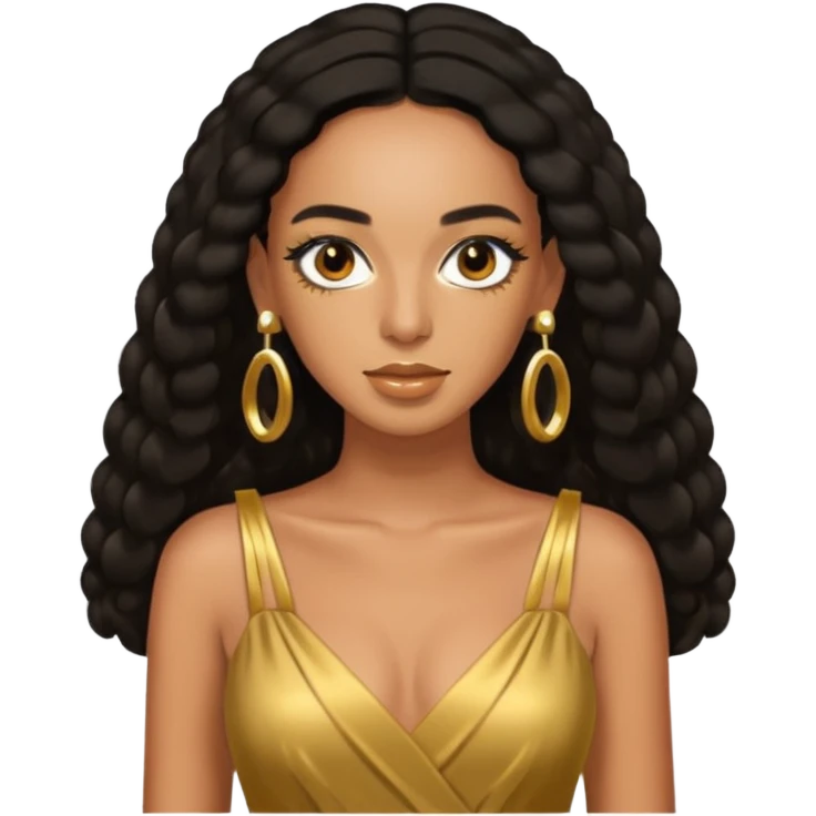 Solange brown eyes, black long hair, gold dress with earrings emoji