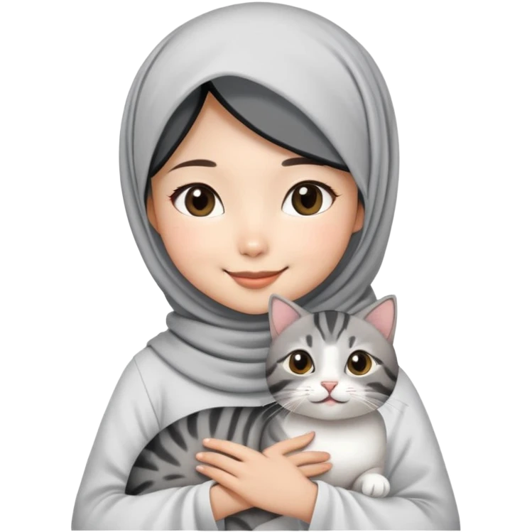 Asian White girl wearing cute hijab and white dress holding a black grey tabby cat while smiling.  emoji