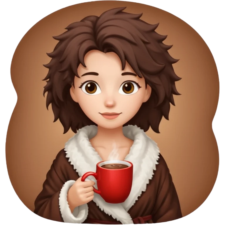 {
      "type": "human",
      "look": "fluffy robe woman, messy hair, holding cup of cocoa",
      "description": "a woman in a fluffy robe with messy hair, holding a cup of cocoa"
    } emoji