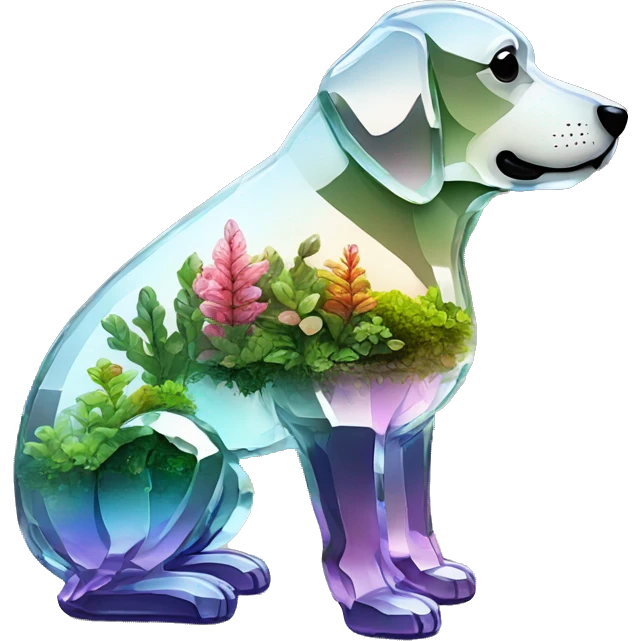 A dog made of glass mirror crystals prisms glass transparent filled with plants as a terrarium with graffiti doodles emoji