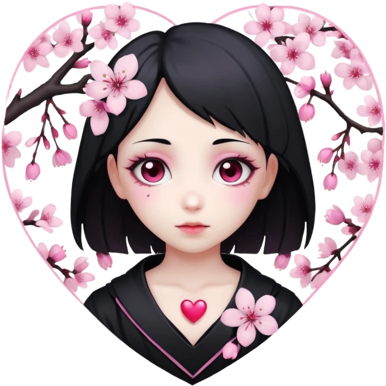 goth sakura heart, white heart with pink cherry blossom petals, cute and dramatic emoji