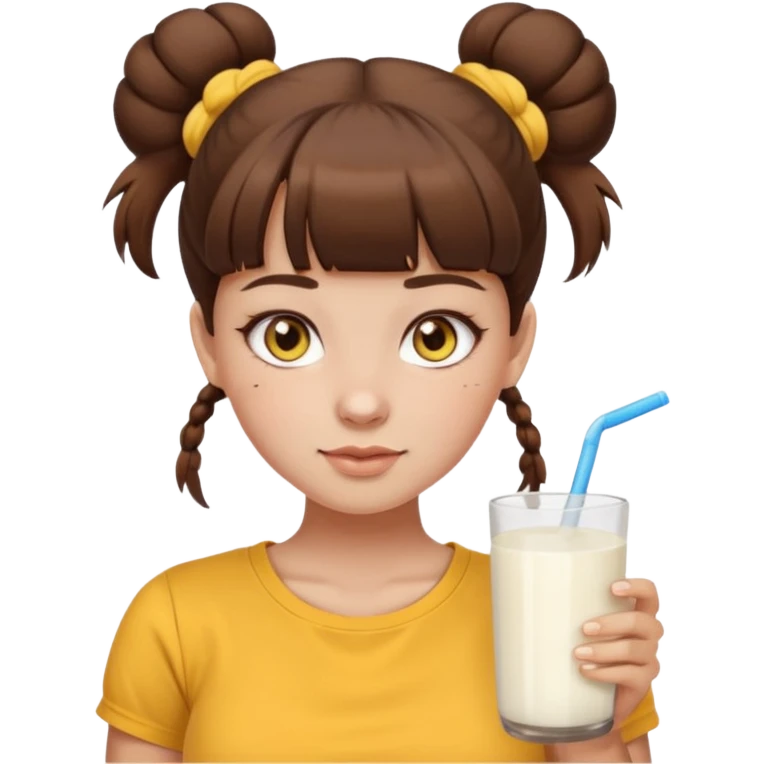 beautiful girl with brown hair with up twin buns style only, straight bangs, yellow eyes, milk brown tshirt, white skin, her body is a little fat  emoji