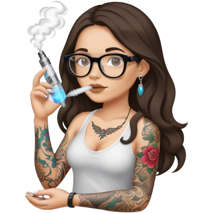 Brunette with long hair, slippers, glasses, tattooed arm, vaping emoji