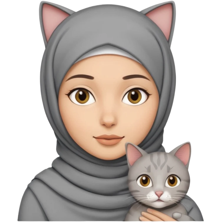 wanita berhijab warna abu abu dengan 1 kucing emoji