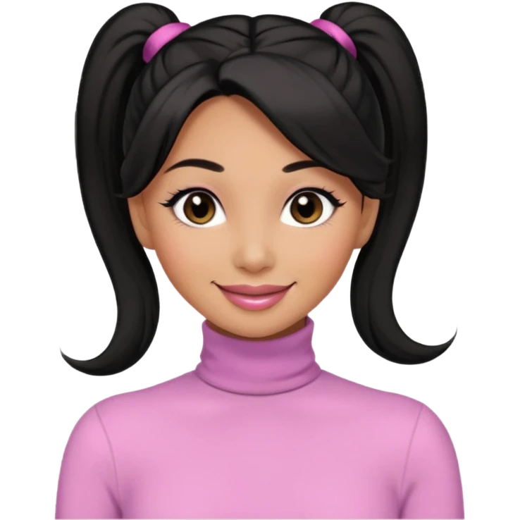 a woman with long sleeve turtle neck top and smile, her hair is long black pony tail, her eyes color are black and the color of her lip is soft pink emoji