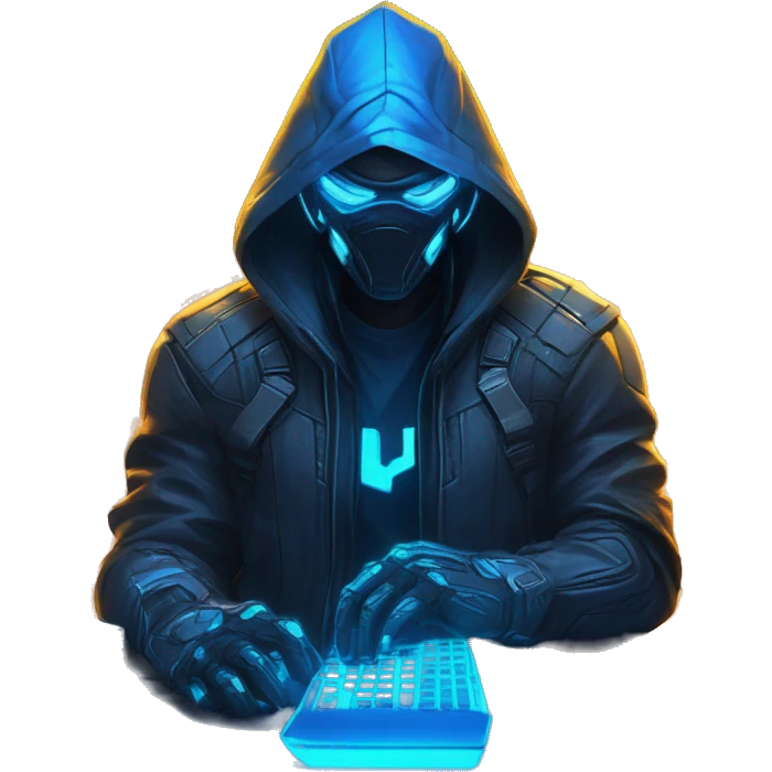 developer behind his laptop with this style : crysis Cyberpunk Riot Games Valorant neon glowing bright blue character blue black hooded assassin themed character emoji