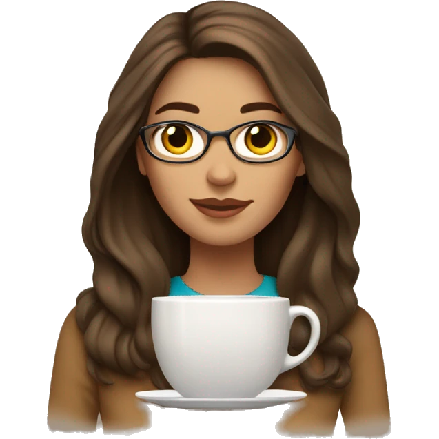 Brunette woman with brown eyes, light skin, straight long hair, an online tutor of English, she has a gold MacBook in front of her, a cup of latte and books  emoji