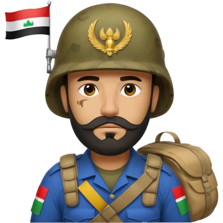 A very tired and sad, swarthy Iraqi soldier with a beard, an Iraqi flag on his helmet, a sad expression and bags under his eyes emoji