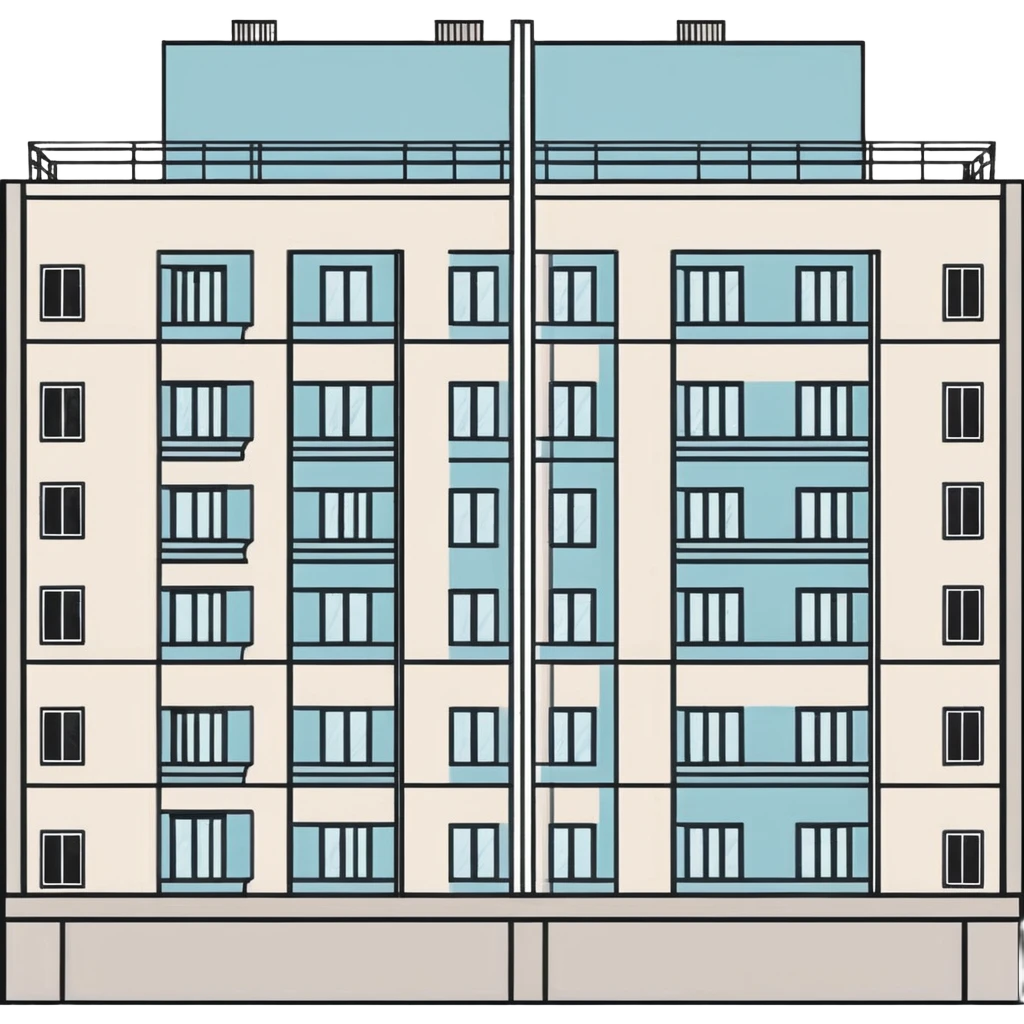 Soviet-era panel apartment building with rows of identical windows, gray concrete facade, flat roof, typical Russian multi-story residential building emoji