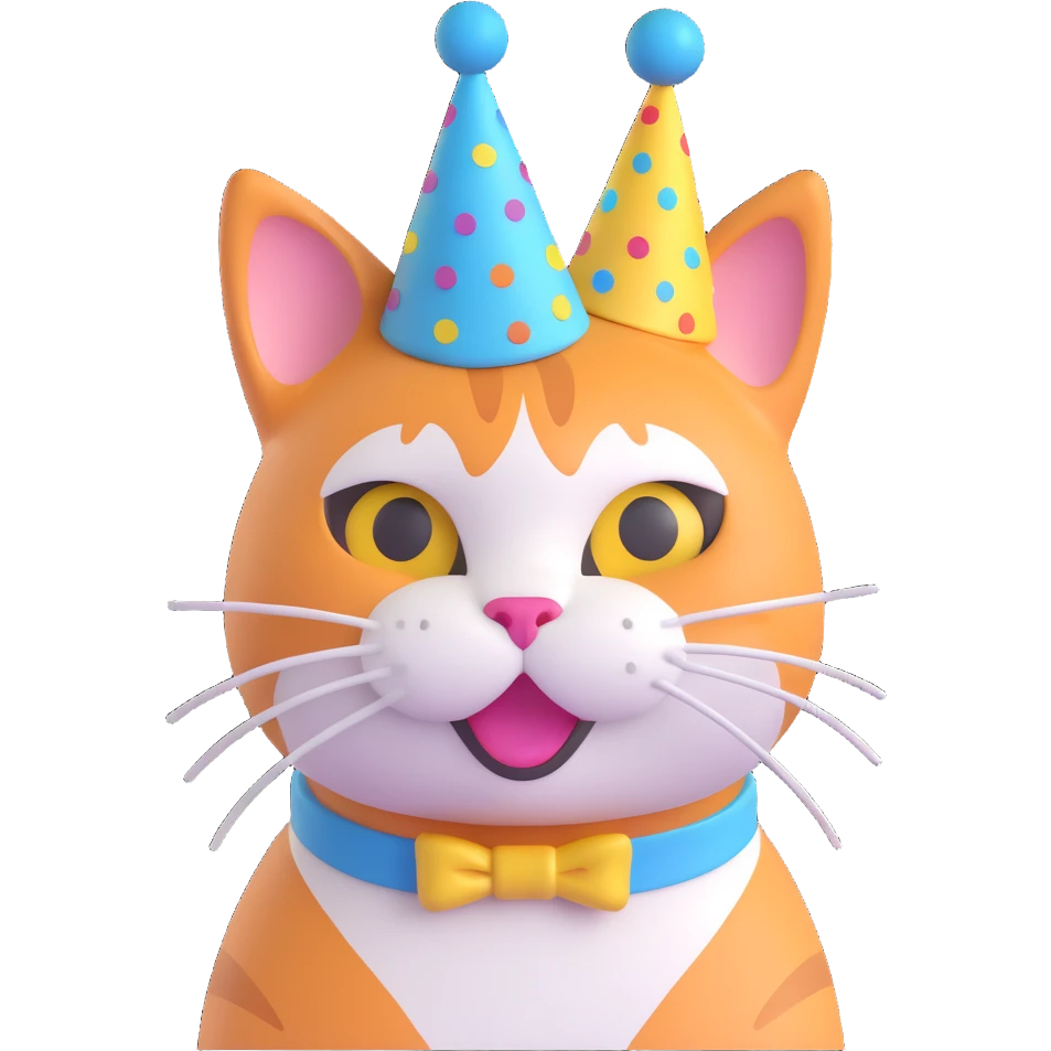 3D emoji style cat with a party hat, friendly expression, joyful and inviting emoji