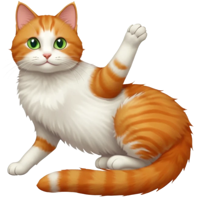 ginger and white cat with green eyes doing a big extremely long stretch reaching up into the air with arms and legs side by side together straight and overextended whilst lying on its side emoji