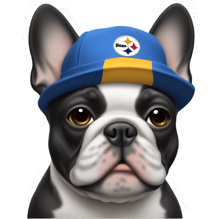 Blue frenchie with white mask wearing Steelers hat emoji