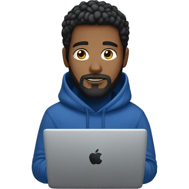 black hair white man with a beard  typing on apple computer wearing a dark blue nike hoodie emoji