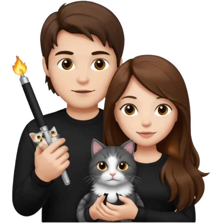 The man is wearing a black shirt and the women is wearing a black top and has longer hair. The cat is lighter  emoji