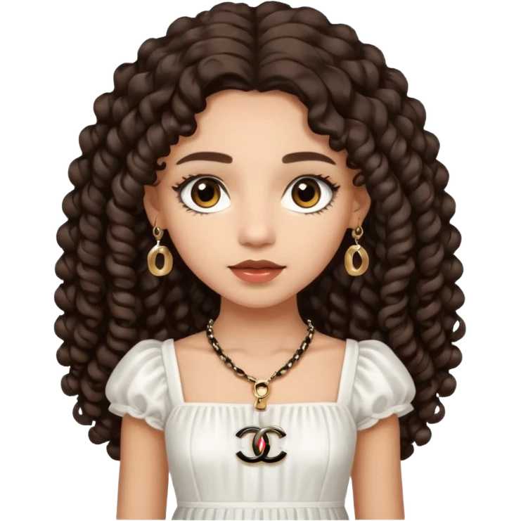 Light skin girl with dark brown very long curly hair, dark brown eyes, white Chanel dress  emoji
