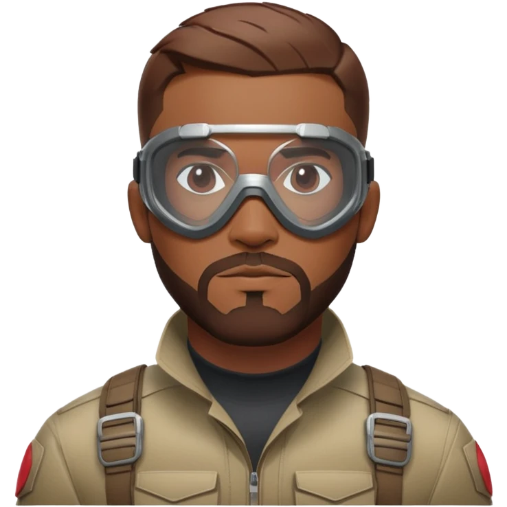 sam wilson with very short, neatly cropped and a well-groomed beard that connects to his mustache,  wear sleek, red-tinted tactical goggles fit snugly from captain america: civil war emoji