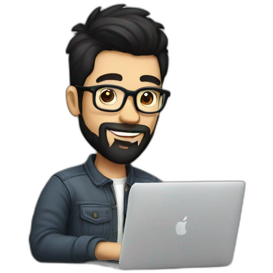 Designer with black hair, beard and glasses working with MacBook and drinking cappuccino  emoji