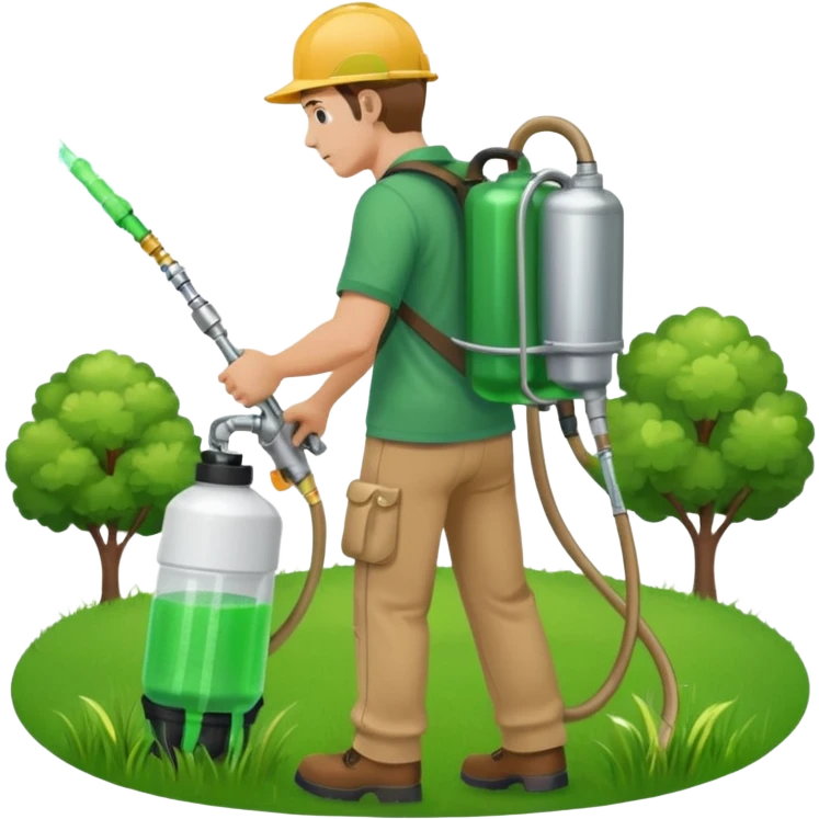 man with a emerald green shirt and tan pants on with backpack chemical sprayer on his back with the hose in his hand pointed downwards at bright green grass emoji