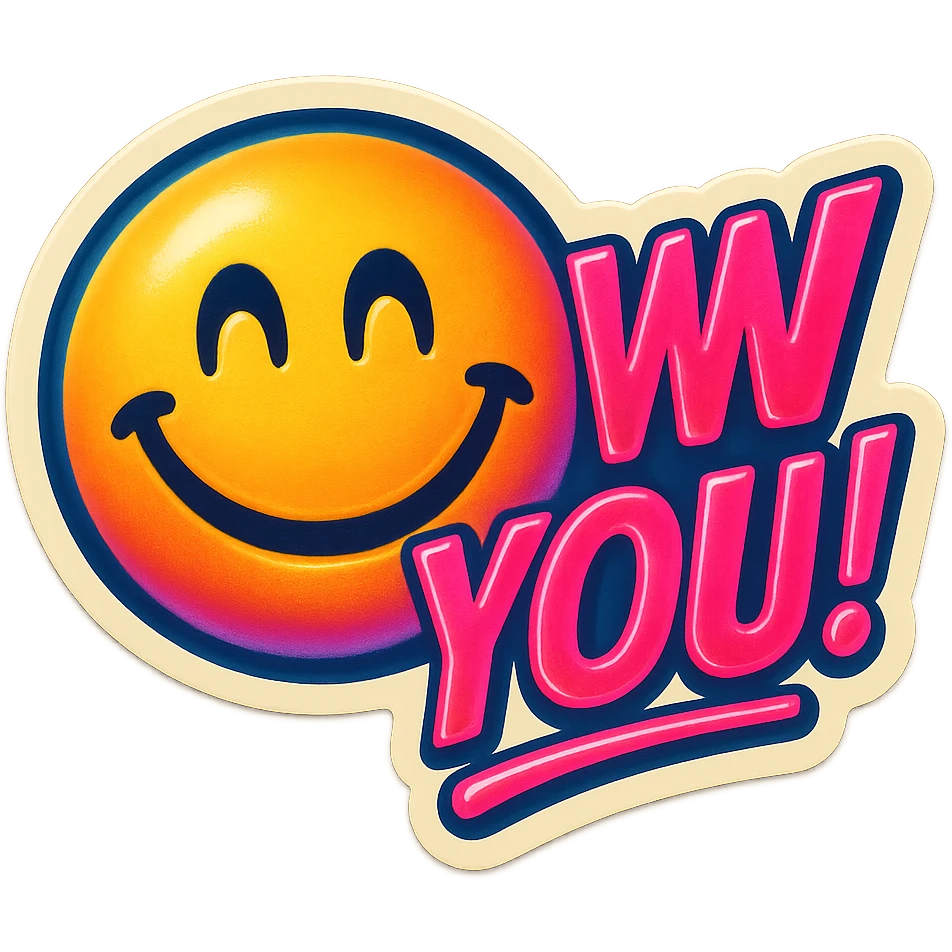 excited smile with mouth closed add the words W You! in pink emoji