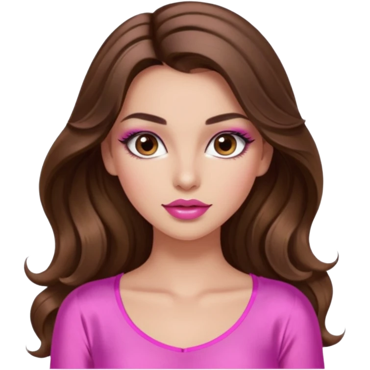 girl with long wavy brown hair, brown eyes, long lashes makeup, sexy pink lips, light to medium complexion, wearing a pink sexy silk top, emoji
