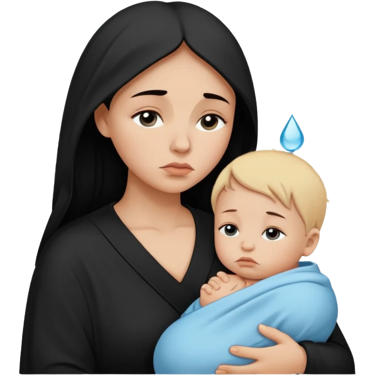 Minimalistic flat vector icon, iOS style, thin black contour on white background. Silhouette of a sad mother holding a baby, small tear drop. Clean, no text, no shadows emoji