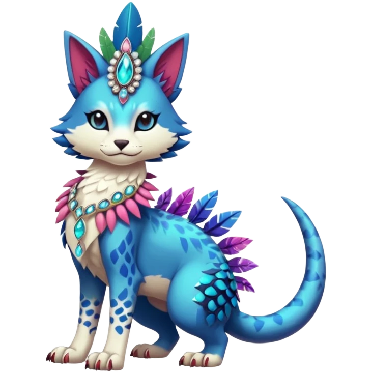 Kawaii cute colorful exotic tropical beautiful pretty elegant divine edgy feline-vernid-sergal-Fakémon-Pokémon-fursona-animal-creature with accessories, jewelries, full body, with intricate detailed markings, feathers, crystals, fins, headdress emoji