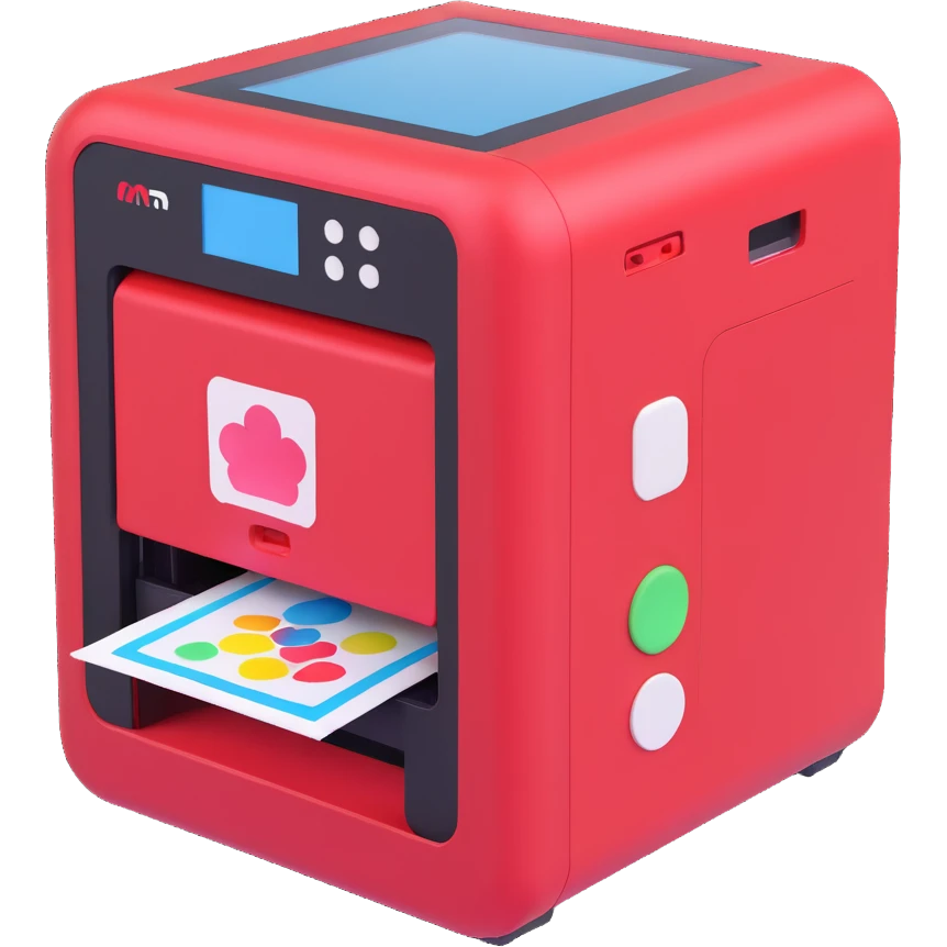 3D box resembling a classic Etch A Sketch with a red frame, white knobs, and glass screen, top designed as a printer actively printing colorful stickers, stickers visible emerging from the printer top, playful, nostalgic, tech-forward emoji
